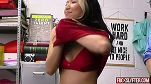 Asia Lee Kneels After Jacket Slip for Creamy Surprise Finish
