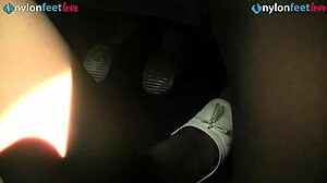 Redhead Pedal Pumping Upskirt in Stockings and Flats