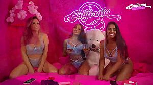 blonde and latina milfs tease each other in california lingerie play