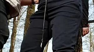 French housewife bound and humiliated doggy in forest woods