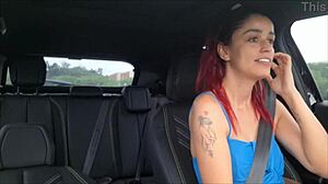 Pantyless Rideshare Driver Flashes Bare Pussy. Hardens Passenger Cocks in Car