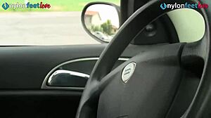 Redhead Pedal Pumping Upskirt in Stockings and Flats