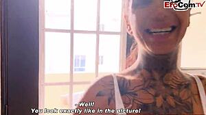 Tattooed German model slut with massive natural tits meets stranger for raw sex date riding.