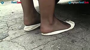 Redhead Pedal Pumping Upskirt in Stockings and Flats