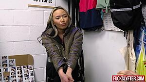 Asia Lee Kneels After Jacket Slip for Creamy Surprise Finish