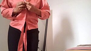 Latina stepmom strips for work but fingers juicy pussy dreaming of boss fuck