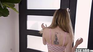 petite teen 18+ bends over for horny lesbian and busty milf's hardcore pussy fuck