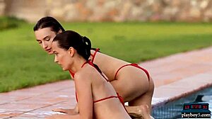 two bikini milfs kiss hairy pussies poolside lesbian tease