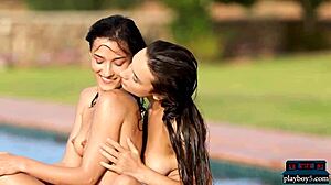 two bikini milfs kiss hairy pussies poolside lesbian tease