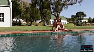 two bikini milfs kiss hairy pussies poolside lesbian tease