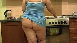 chubby amateur housewife pawg with huge ass belly big pussy pauses cleaning to fuck her gaping hole with dildo