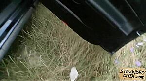 Stranded teen Marina Visconti rides cock hard for ride home outdoors