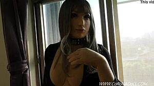 doll mummified in latex catsuit bondage OUTDOOR public rubber play