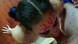 Slut's lipstick-smeared lips suck cock then face-fucked hard!