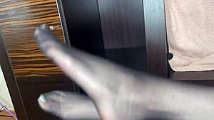 Classy closeup feet in black stockings tease anal bed with toys and footjob fetish play!!