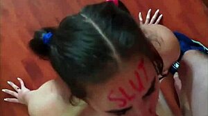 Slut's lipstick-smeared lips suck cock then face-fucked hard!