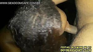 Condom pops as single guy keeps pounding petite black Harley Quinn in wild group