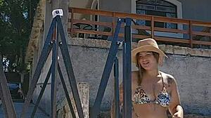 wife flashes big ass in tight body by pool as husband ignores