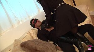 black babe in leather heels ties brunette then takes huge tits deepthroat and doggystyle pounding