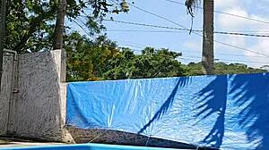 wife flashes big ass in tight body by pool as husband ignores