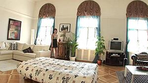 i spot this sexy russian milf in fishnets and bend her over for deepthroat fun then fuck her gaping pussy on the bed