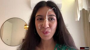 skinny hottie loses bet and struts public streets with huge facial cumwalk on face