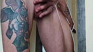 Bodybuilder's Monster Cock Sprays Cum Mirror Front Tattoo Flex
