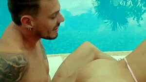 Horny wet Tru Kait strips clothes ripped for outdoor pool monster cock pounding
