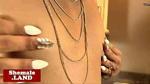 Young ebony shemale in heels teases tattooed small tits and rubs cock close-up in kitchen solo