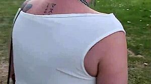 Naughty milf slut pisses publicly after restaurant fun with piercings