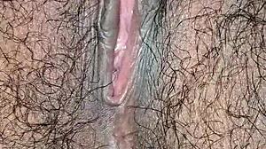 desi housewife's juicy hairy pussy lips up close while she moans and masturbates wet?