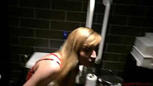 Blonde gives anal assfucking and blowjob in public restaurant toilet with cumshot facial.