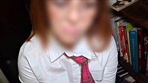 cute redhead emo nerd caught flashing panties and giving blowjob in school library