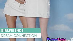 Platinum blonde Sky Bri licks petite gf Skye Blue's hard nipples eagerly