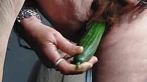 hey oma stuffs cucumber deep in her hairy german granny beaver