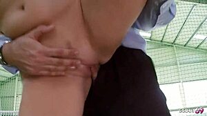 nympho tennis slut begs two guys for rough anal dp and court cumshot