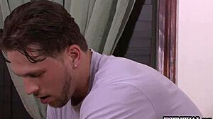 massage guy rams hard dick deep in redhead shemale's tight anal asshole