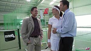 nympho tennis slut begs two guys for rough anal dp and court cumshot