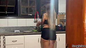 brazilian blonde with big ass caught washing dishes, fucked hard in kitchen