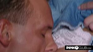 laura giotto's teen blonde body bends over home armchair