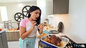 Tiny Slut's Tight Pussy Creampied on Dinner Table