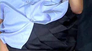 School uniform slut takes stranger's white cock deep then facial cum blast!