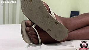 Street guy shows off sweaty feet and cock straight from the road