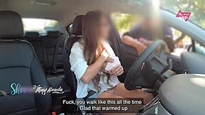 Naughty milf skips panties outdoors flashing big natural tits begging stranger help