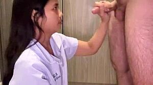 School uniform slut takes stranger's white cock deep then facial cum blast!