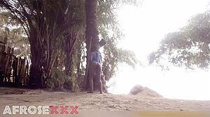 black beauty teases seductively on sunny beach with ebony curves