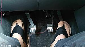 Secret Car Nylon Feet Tease With Toe Separators Up Close