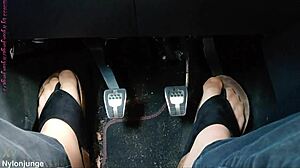 Secret Car Nylon Feet Tease With Toe Separators Up Close