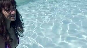 we fuck hard by the pool and blast cumshots on her tits