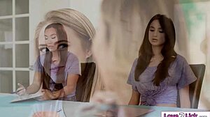 Two sorority rivals lock lips then dive into wild lesbian foursome orgy!